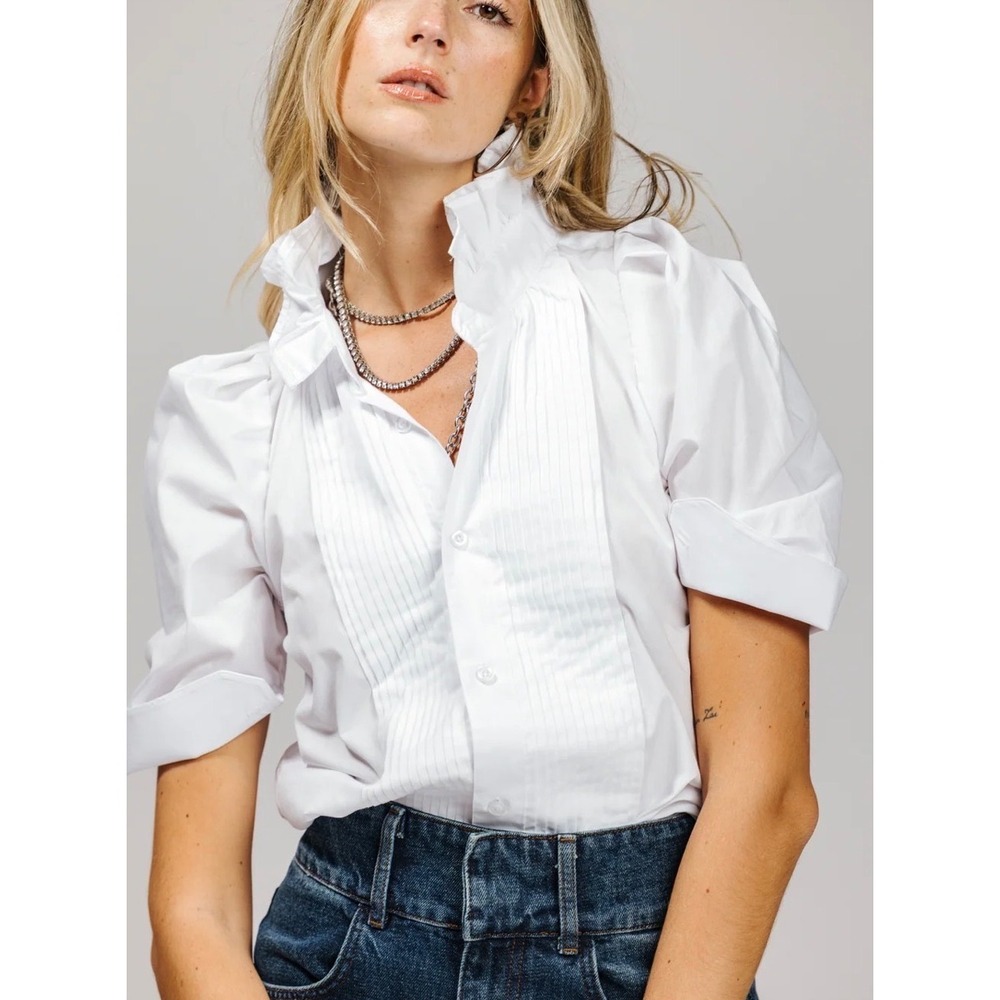 KMJ Bontina Tux Ruffle Short Sleeve Blouse W/ Stand Up Collar L White NEW $228